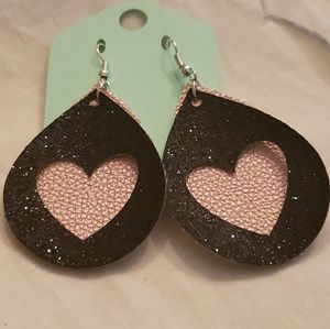 Faux Leather Black Glitter, Pink Heart Teardrop Ea
